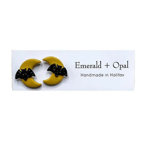 Moon & Bat Stud Earrings By Emerald and Opal