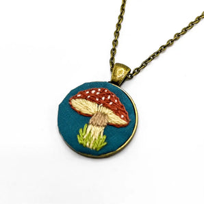 Mushroom Embroidered Necklace (Navy Fabric) By Black Pearl