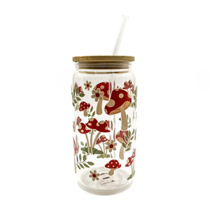 Mushroom Glass Cup w/ Lid & Straw By Glitter Paper Scissors