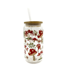 Mushroom Glass Cup w/ Lid & Straw By Glitter Paper Scissors