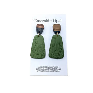 Olive Green & Wood Floral Dangle Earrings By Emerald