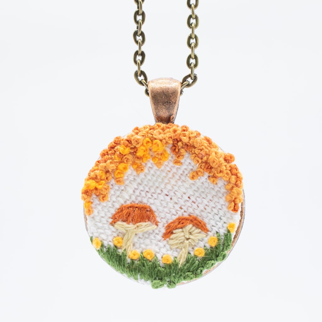 Orange Mushroom Embroidered Necklace By Black Pearl
