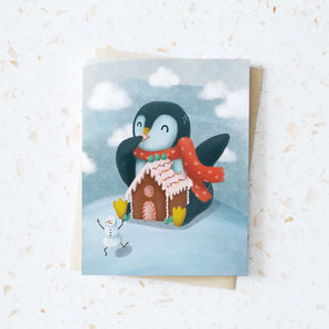 Penguin and Gingerbread House Card By Hop & Flop