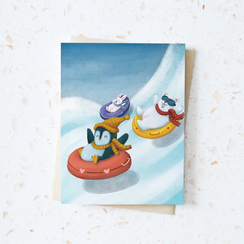 Penguins Tobogganing Card By Hop & Flop