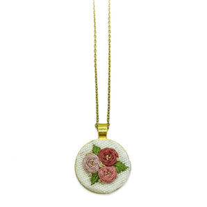 Pink Blossom Embroidered Necklace with Gold - Tone Chain