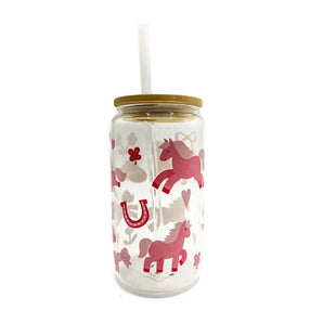 Pink Ponies Glass Cup w/ Lid & Straw By Lucky Sprout Studio