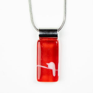 Rectangle White Bird on Red Handpainted Glass Pendant