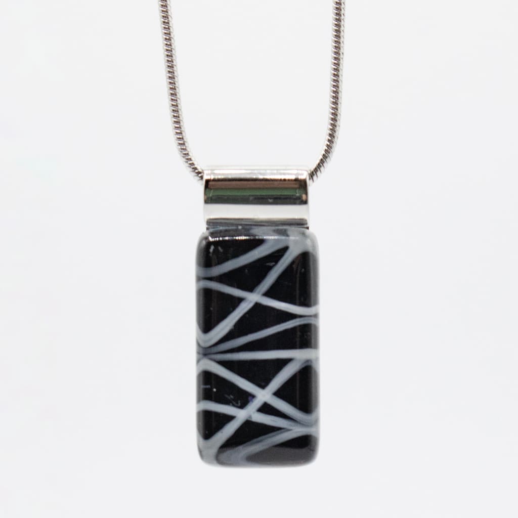 Rectangle White Stripes on Black Handpainted Glass Pendant