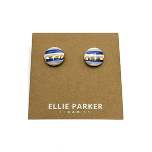 Round Painted Blue Stripes w/ Gold Studs By Ellie Parker