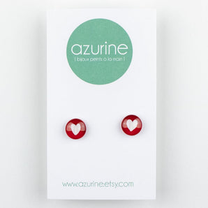 Round Red Heart On White Handpainted Glass Stud Earrings