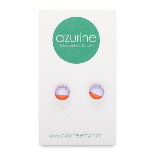 Round Stripe Lilac/Orange Handpainted Glass Stud Earrings