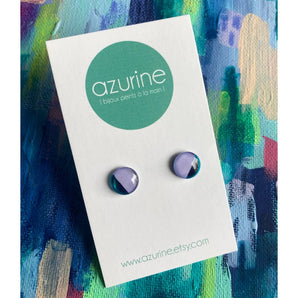 Round Teal Stripe On Lilac Handpainted Glass Stud Earrings