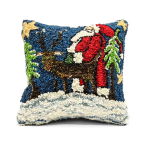 Santa and Reindeer Rug Hooked Pillow By Lucille Evans Rugs