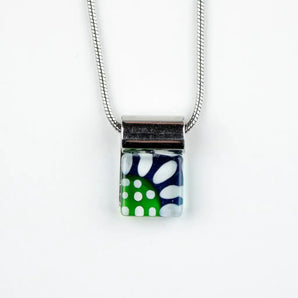 Small Square Green/Teal Daisy Handpainted Glass Pendant