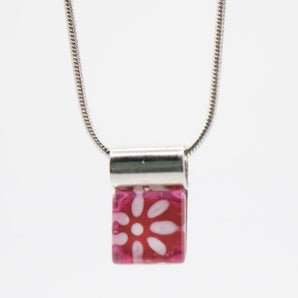 Small Square White Daisy on Pink Handpainted Glass Pendant