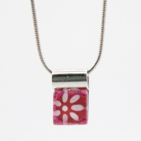Small Square White Daisy on Pink Handpainted Glass Pendant