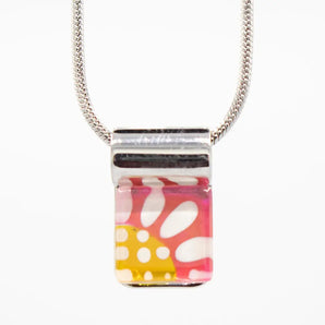 Small Square Yellow/Pink Daisy Handpainted Glass Pendant