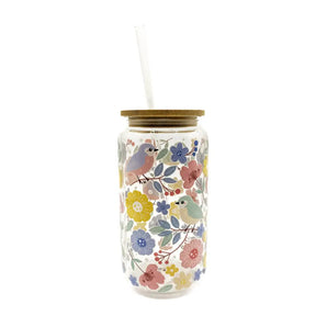 Spring Birds Glass Cup w/ Lid & Straw By Glitter Paper
