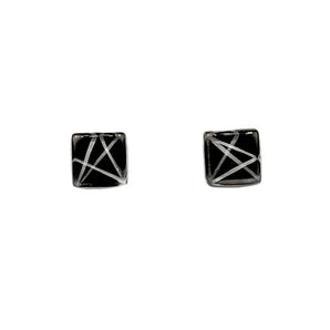 Square White Lines on Black Handpainted Glass Stud Earrings