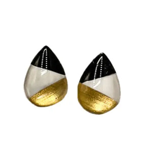 Teardrop Striped Black/White/Gold Handpainted Glass Stud