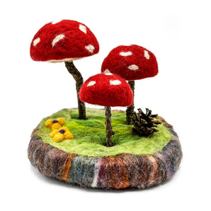 Triple Red Mushrooms Sculpture With Pinecone By Magic
