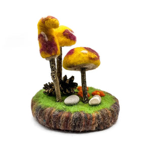 Triple Yellow Mushrooms Sculpture With Pinecone By Magic