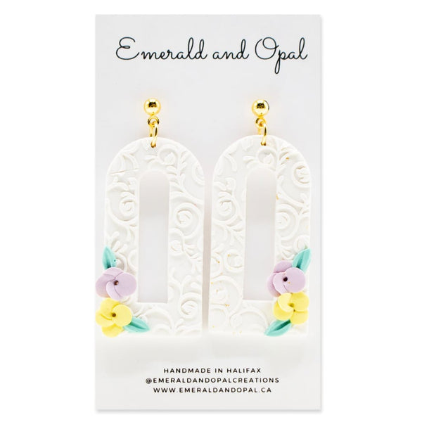 White Arch Pastel Flowers Dangle Earrings By Emerald