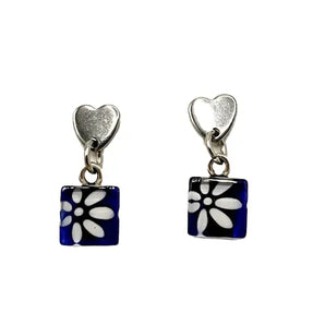 White Daisy Blue Square Handpainted Glass Dangle Heart