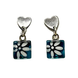 White Daisy Teal Square Handpainted Glass Dangle Heart