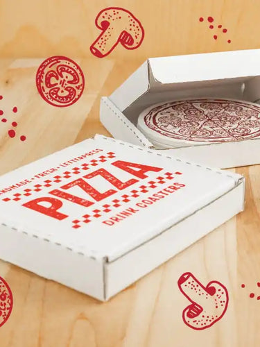 White pizza delivery box with red text and an Oreo cookie on top.