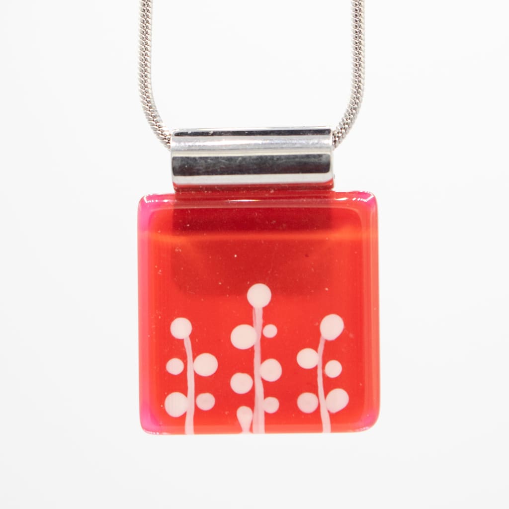 Large Square White Plant on Red Handpainted Glass Pendant