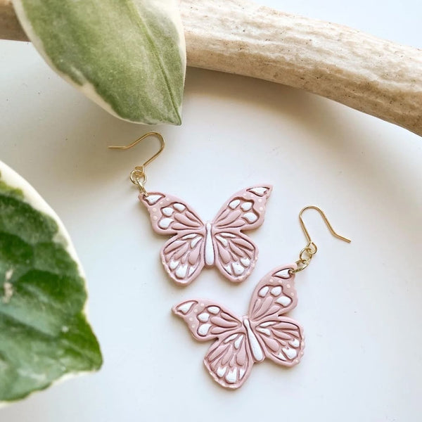Pink Butterfly Dangle Earrings By Earthen Fern