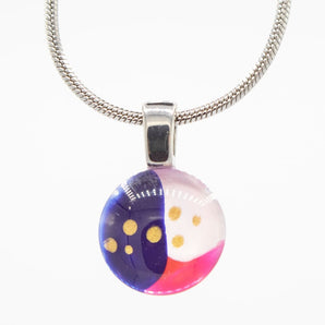 Round Abstract Navy/Pink/Red Handpainted Glass Pendant By