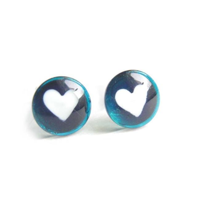 Round Teal Hearts Handpainted Glass Stud Earrings By Azurine