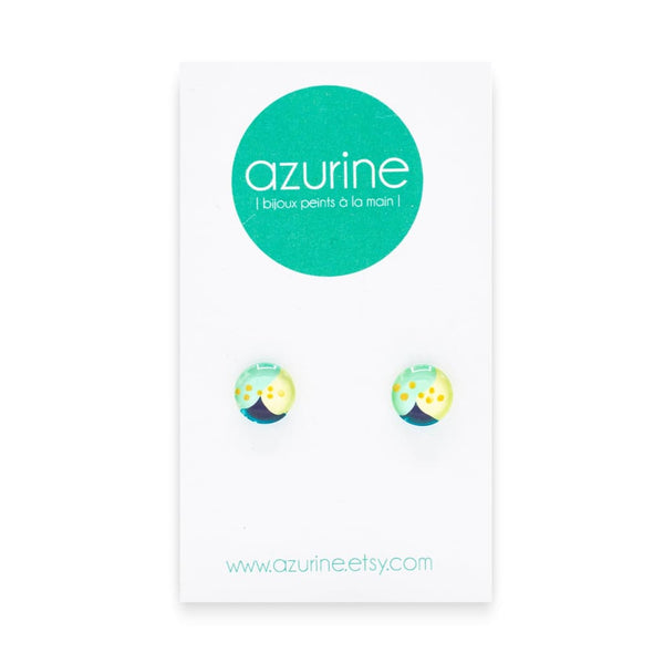 Round Yellow/Teal/Mint Abstract Handpainted Glass Stud