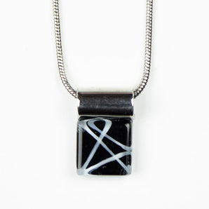 Square White Lines on Black Handpainted Glass Pendant By